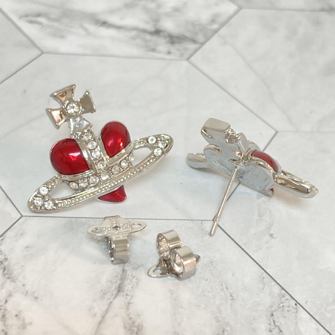 Vivienne Westwood Earrings Pierce Diamante Heart Silver Red 2.5 cm w/drawstring