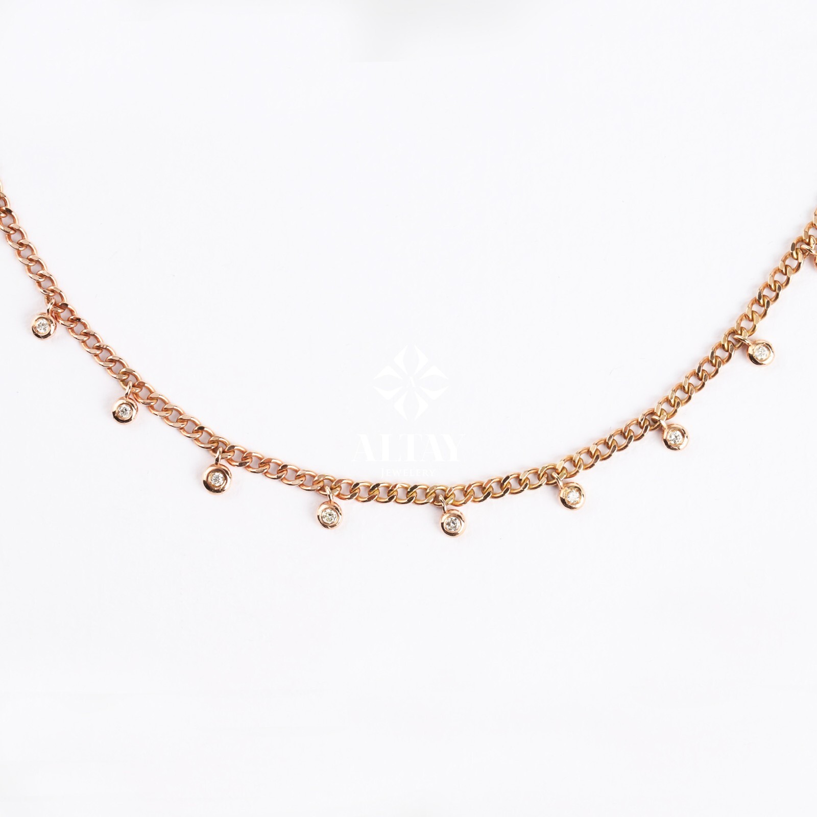 14K Gold Cz Stone Station Necklace, 0.23 ct Bezel Set Cz Stone Choker Necklace