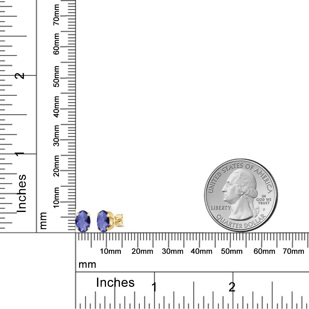 Oval 7x5mm Blue Iolite 1.30 Ct 18K Yellow Gold Plated Silver Stud Earrings