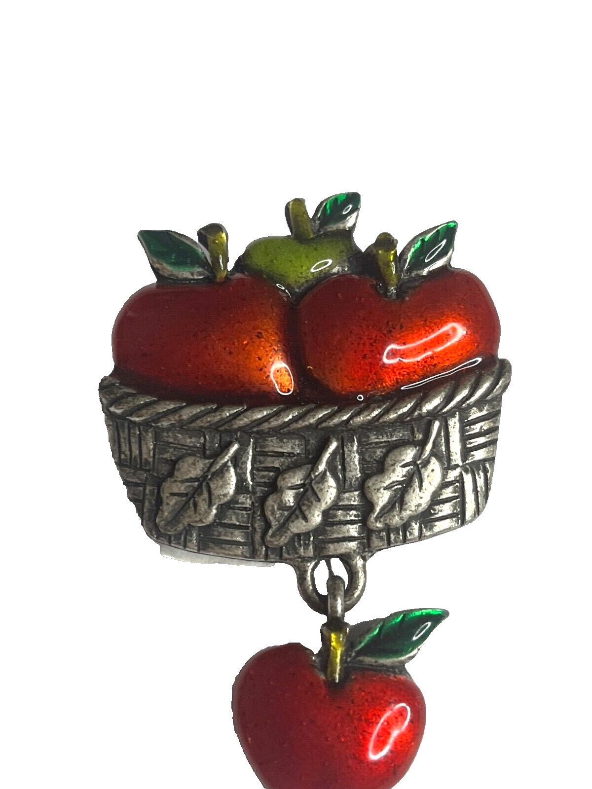AJMC Vintage Pewter Brooch Pin Enamel Red Green Apple Basket Teacher Charm