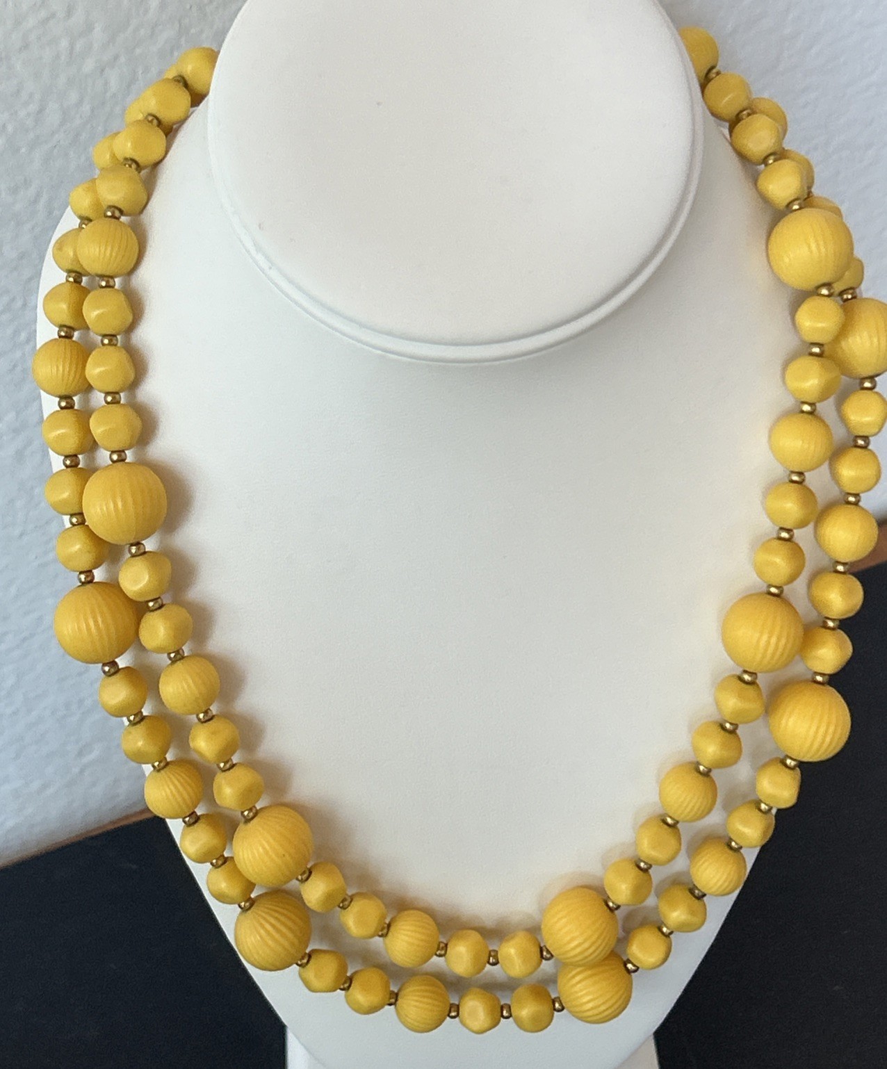 Vintage 2 Strand Yellow Beaded Necklace Textured Retro MCM Casual Woman’s 20″