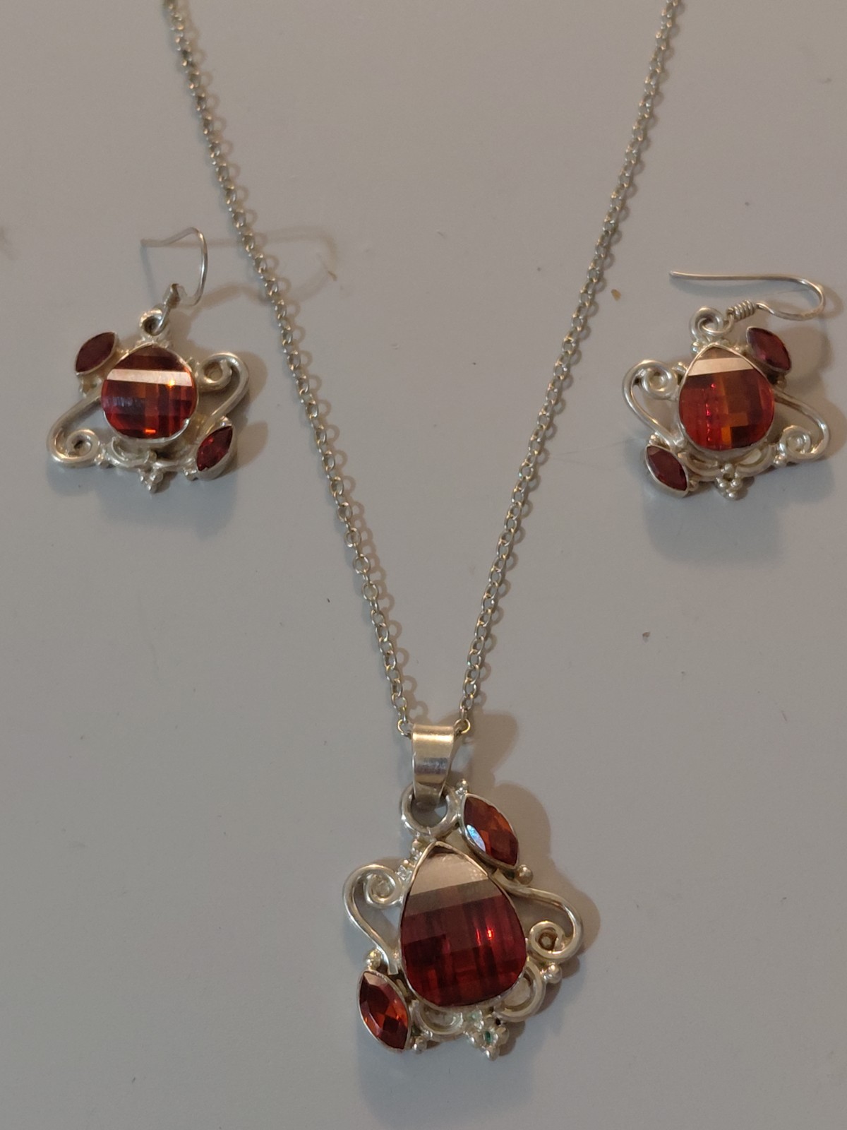 Hessonite Garnet Necklace And Earrings Artisan Set: Sterling Silver 925 W/ 19g