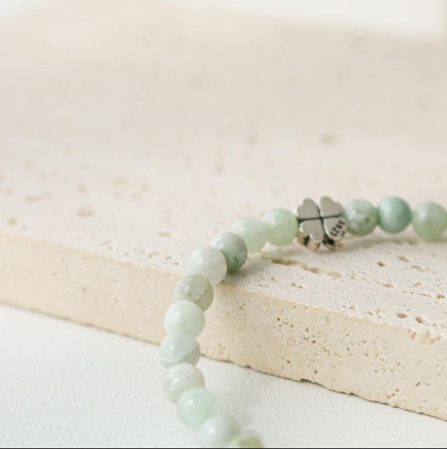 Natural Jadeite Bracelet 4mm 925 Silver Four Leaf Clover Lucky Talisman Beads