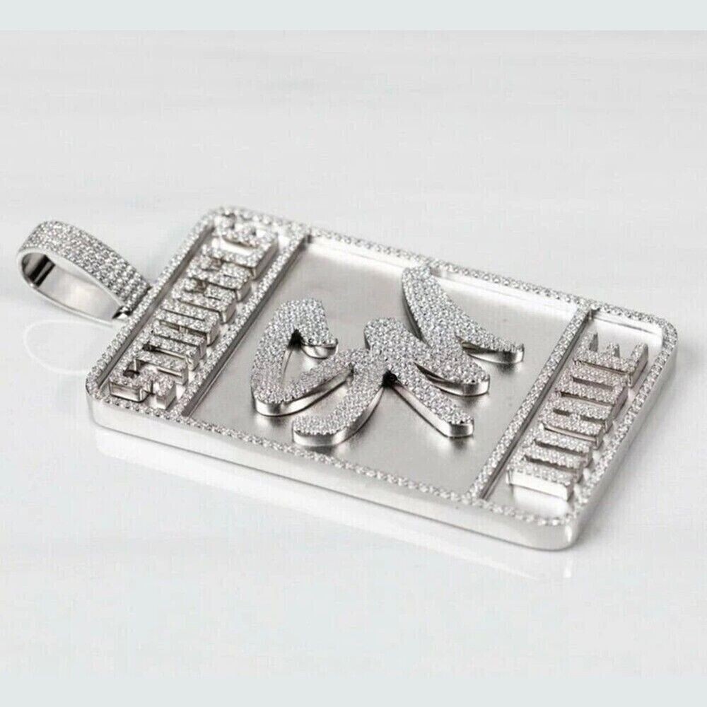 2Ct Round Moissanite Men’s Custom Name Letter Dogtag Pendant 925 Sterling Silver