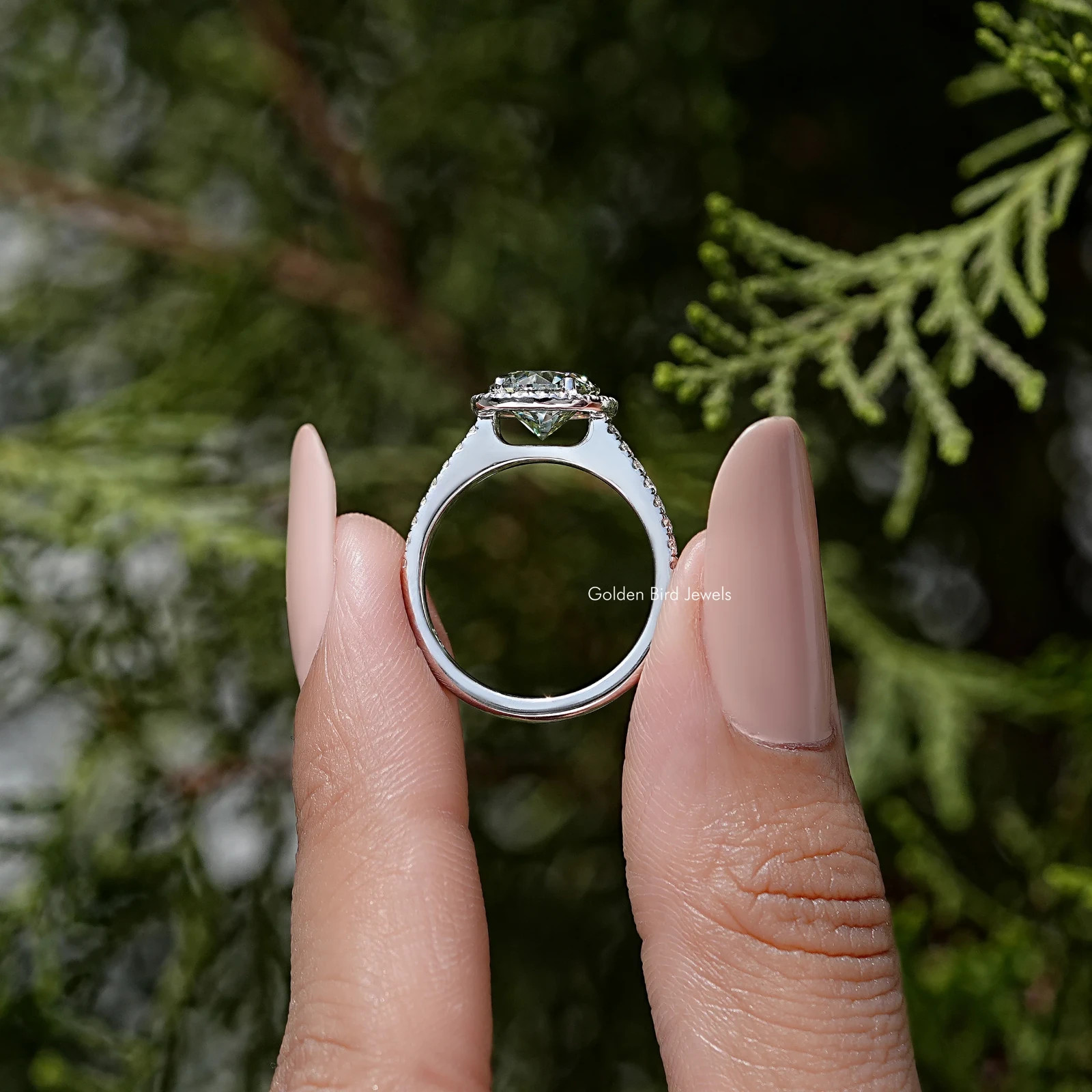 Blue Green Round Cut Moissanite Halo Ring