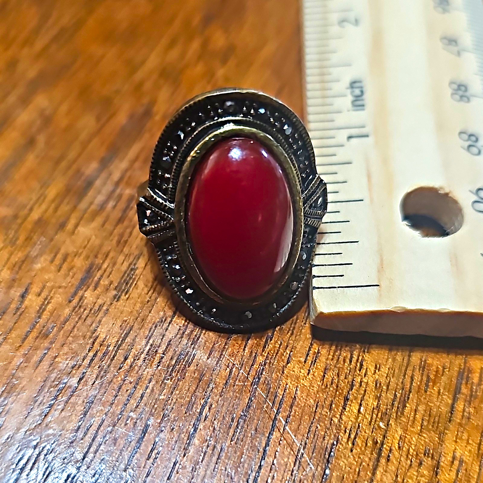 Bezel Set Oval Red Cabochon Cocktail Ring Silver Tone Metal Band 5mm Size 6