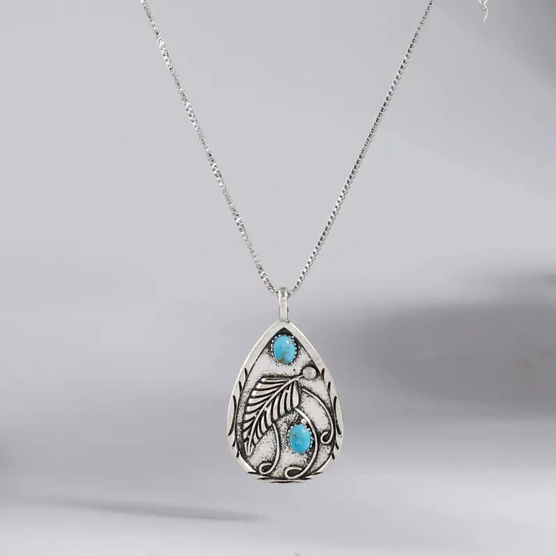 Silver Plated Water Drop Pendant Leaf Shape Pattern Pendant Necklace