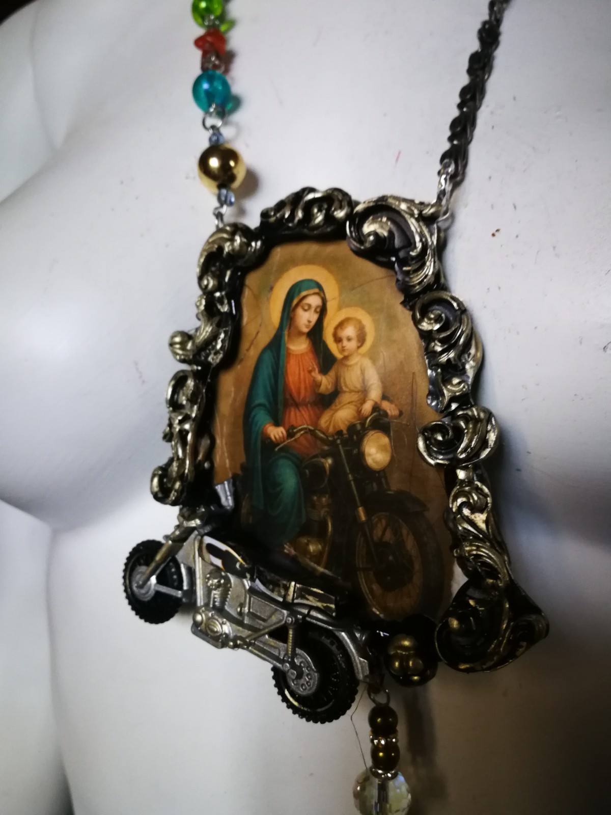 Vintage Assemblage Jewelry Necklace Pendant Baroque Pop Religion Motorcycle Fans