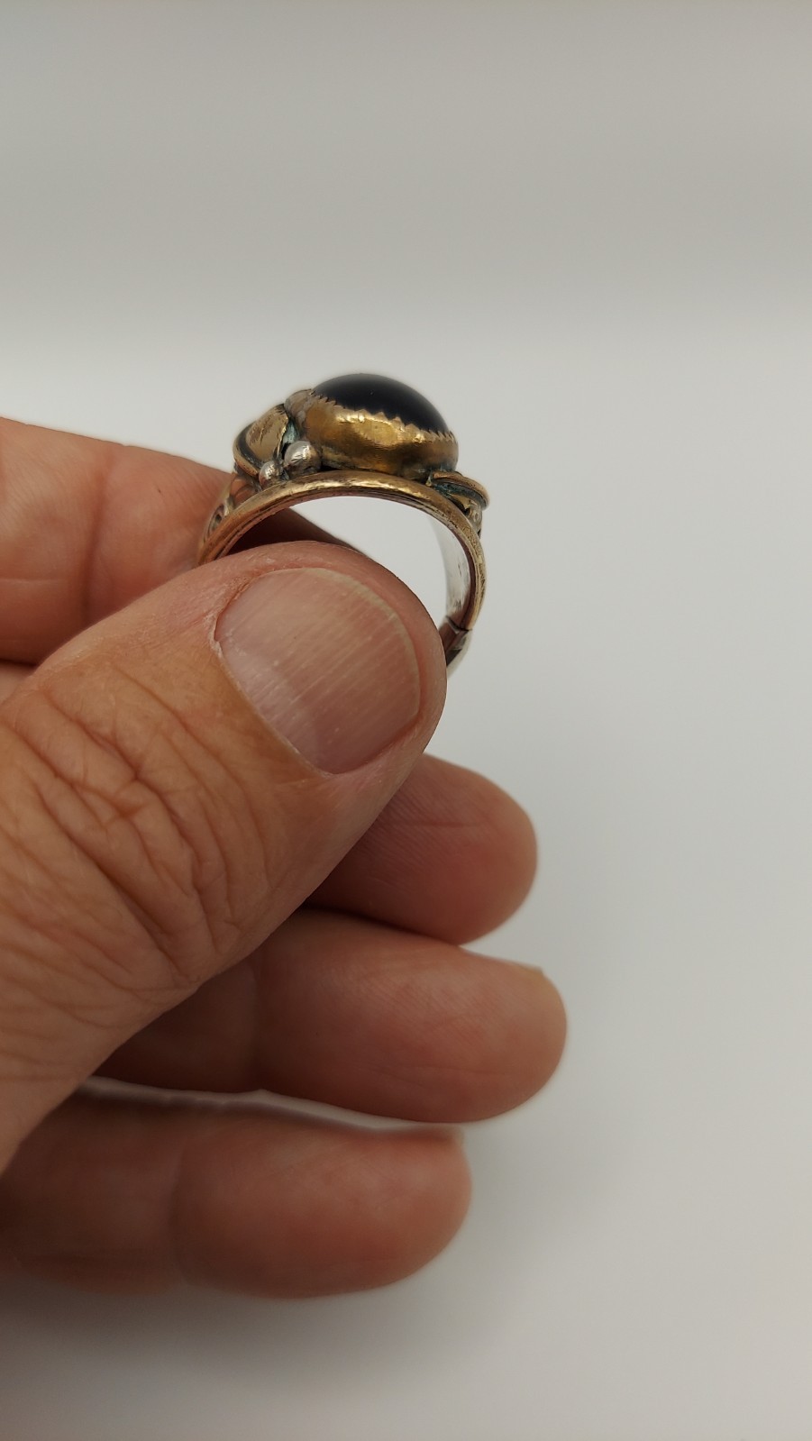 mens native signed KC, sterling silver and 12k gold filled ring, black onyx, 10