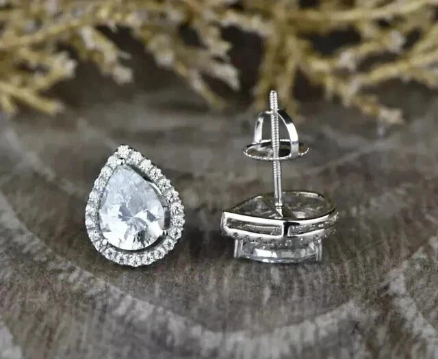 2Ct Pear Cut Lab Created Diamond Womens Stud Earrings 14k White Gold Plated