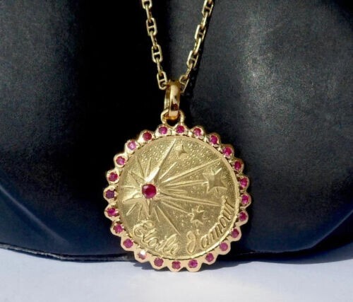 Vintage 1.50Ct Round Lab Created Ruby Love AUGIS Pendant 14K Yellow Gold Finish