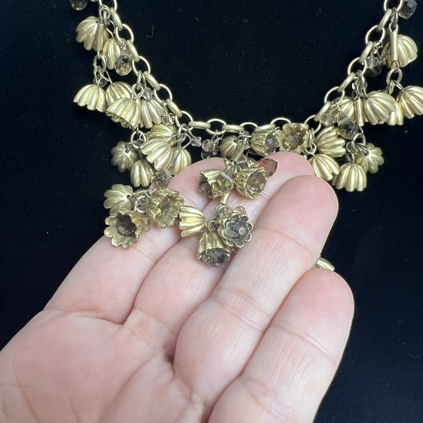 Ann Taylor Crystal Floral Drop Tiered Necklace Antique Gold Tone Flower Bells