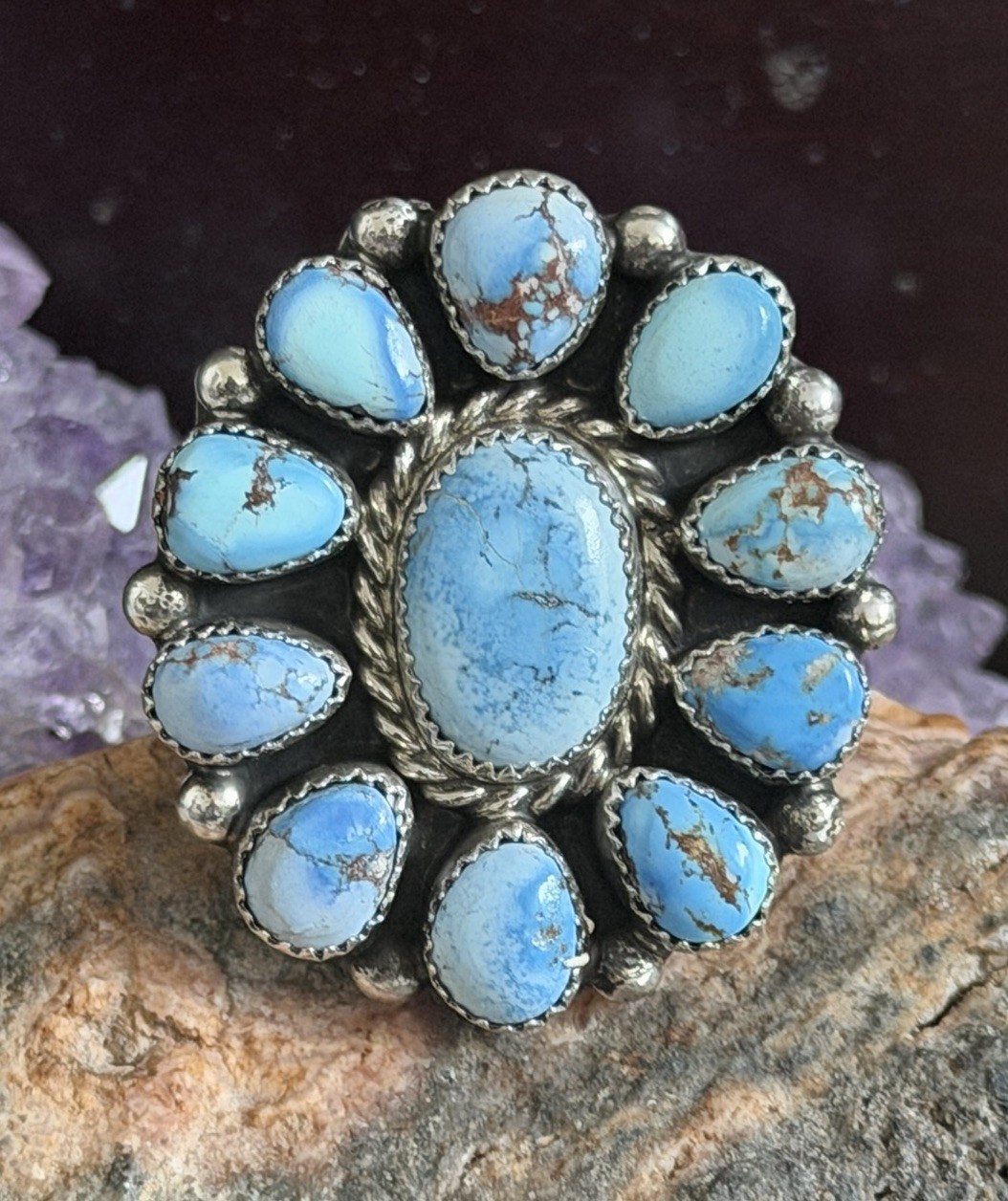 Golden Hills Turquoise Cluster Ring Native Sterling MJ Adjustable Statement