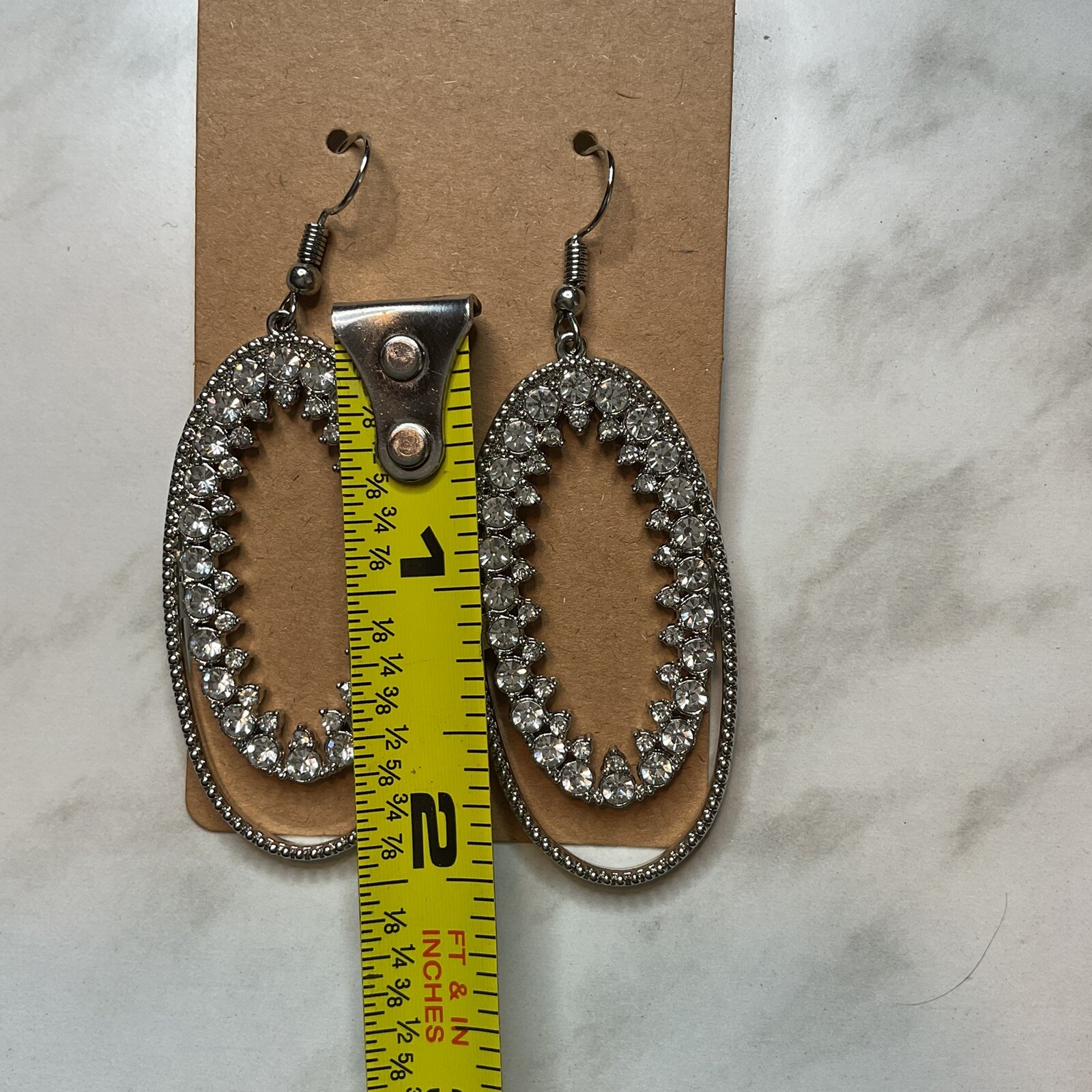 Silver Tone And White Rhinestone Earrings Oval Fashion Casual Everyday Wear