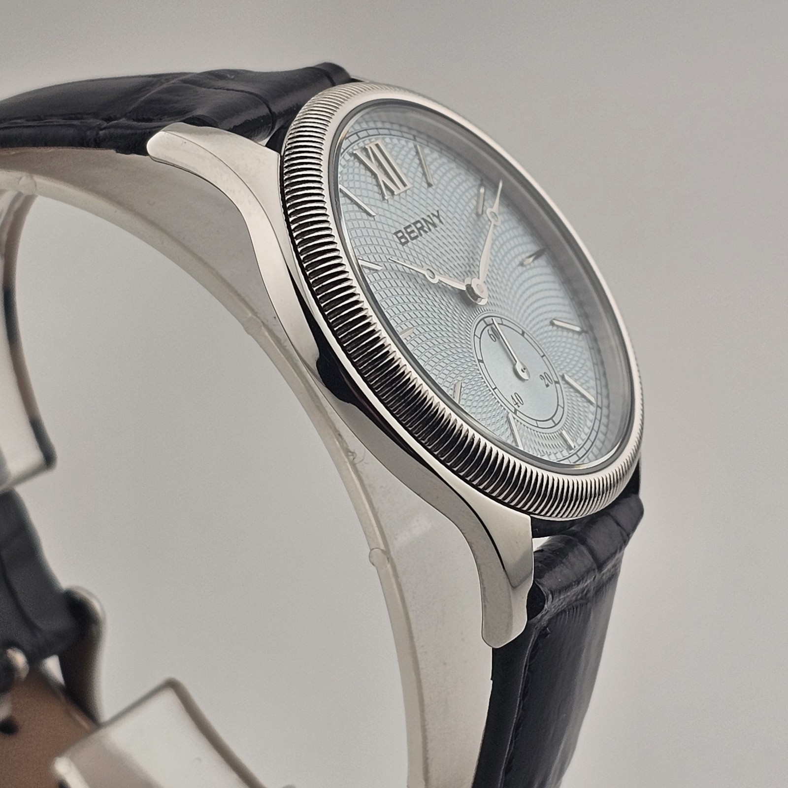 USA Seller-BERNY Ice Blue Guilloché Dial Dress Watch – Fluted Bezel, Quartz.