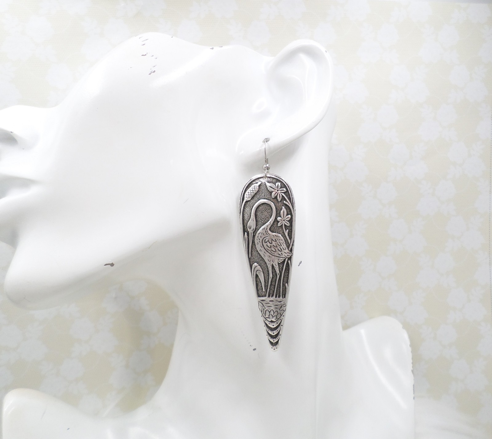 Antique Silver Plated Crane Statement Earrings, Heron Jewelry Gift For Women