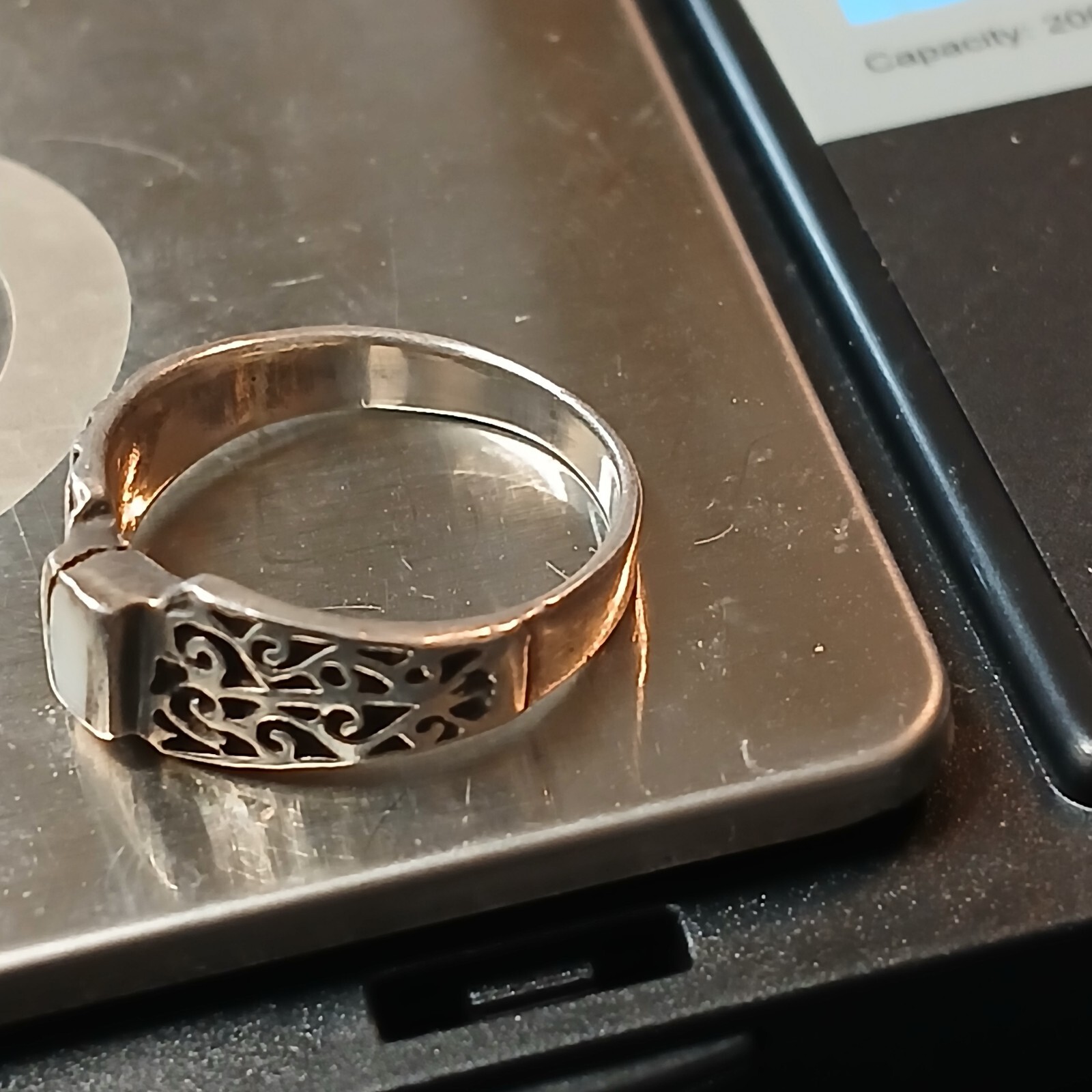 Vintage Filigree Ring Mother of Pearl 925 Sterling Silver Sz6 3mm Band Wt. 2.56g