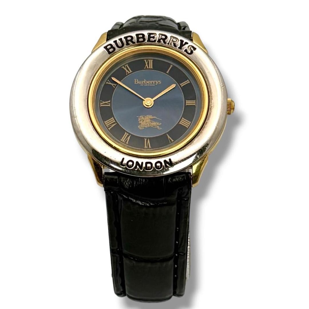 Burberry Mens Quartz Watch 3000 33mm Silver Gold Case Navy Dial Black Leather
