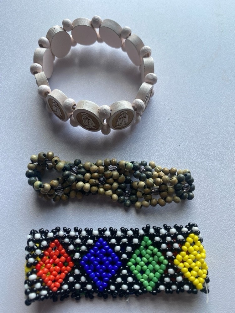 Vintage Wooden Bead Stretch Bracelet Lot Catholic Saints Icon Geometric Cuff