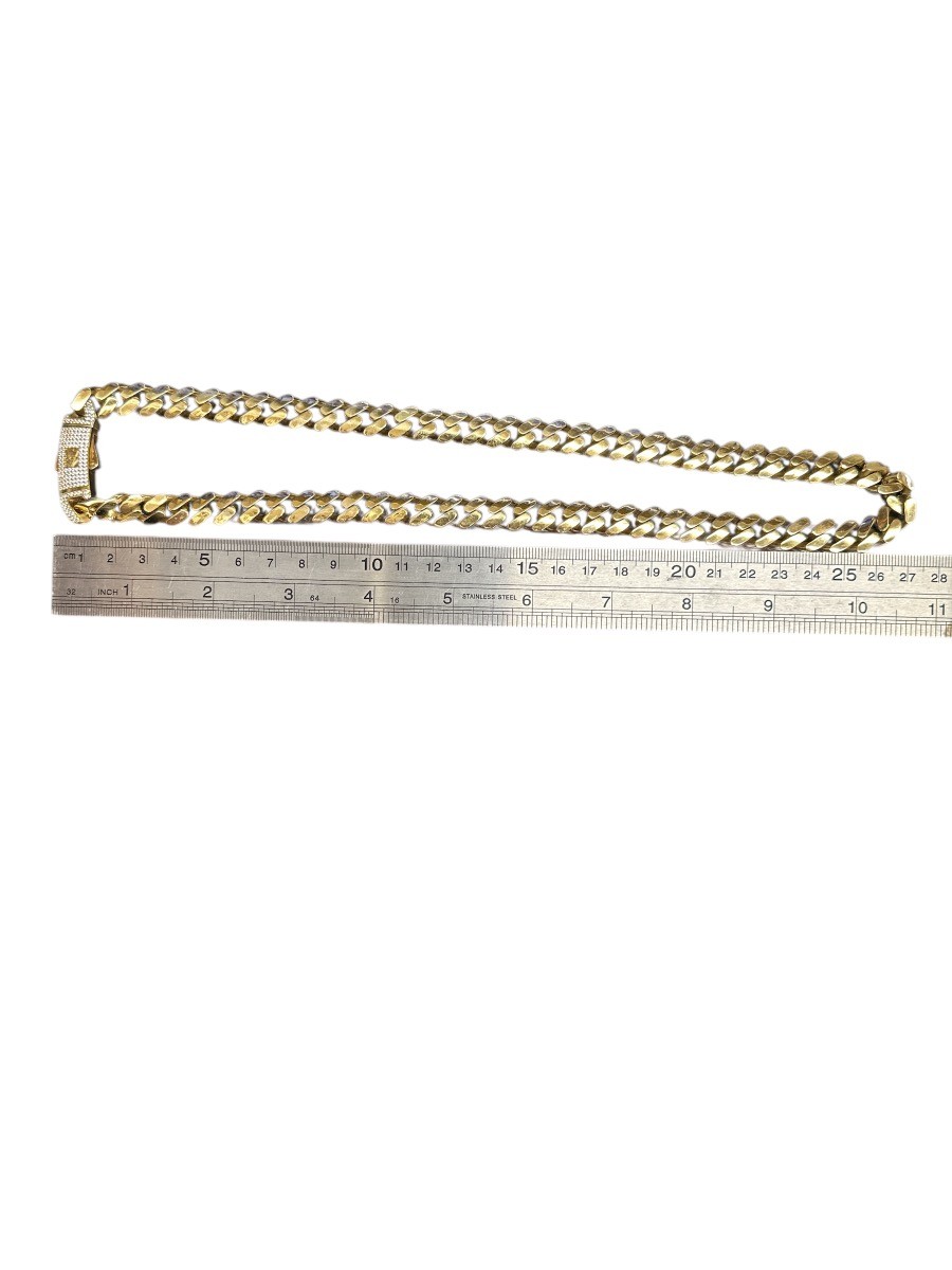 22″ 10K Gold & White Stone Hollow Cuban Chain 10.9mm Thick (MYEE) (PSH039776)