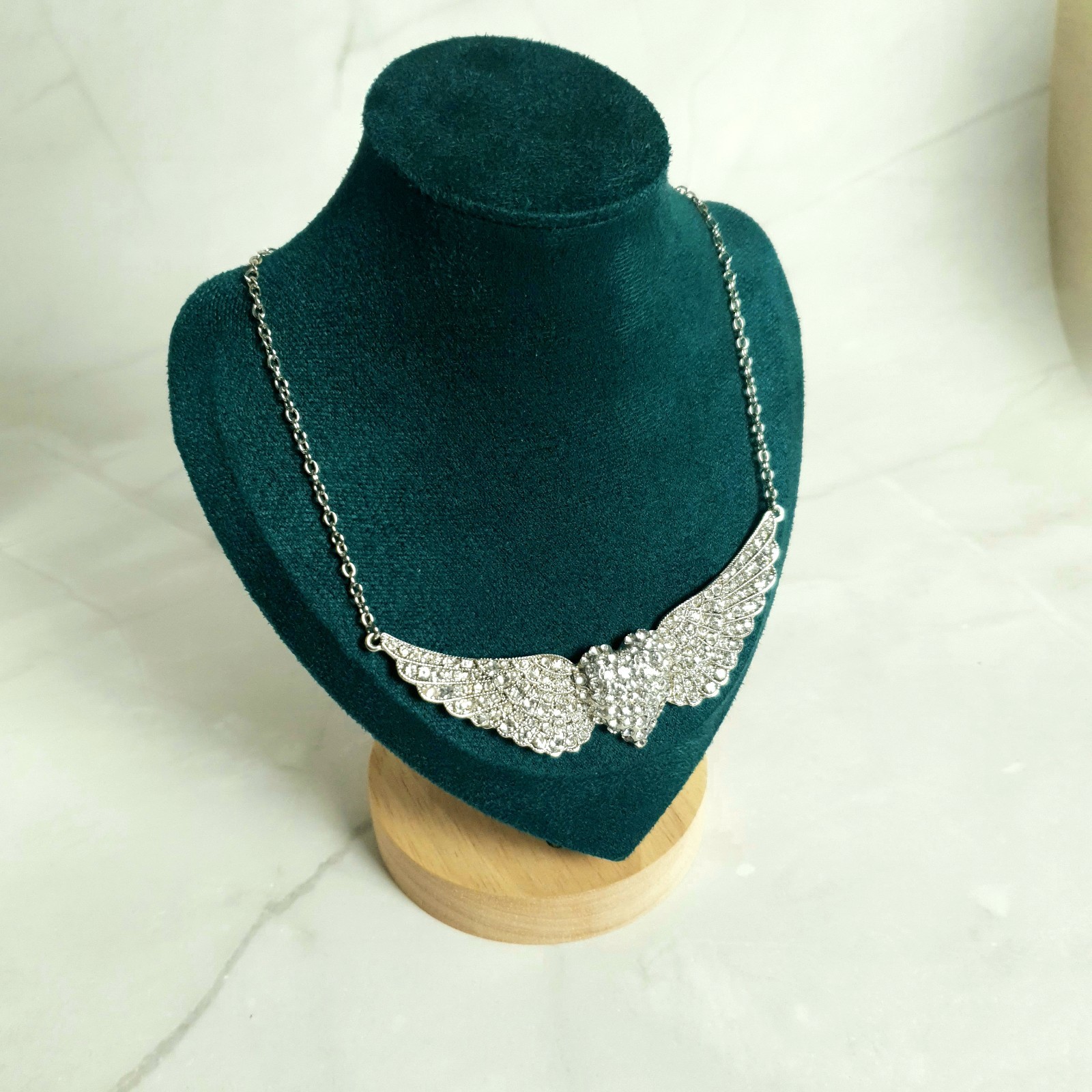 Mikey Crystal Angel Wings Heart Necklace Silver Tone Statement New Unworn Gift
