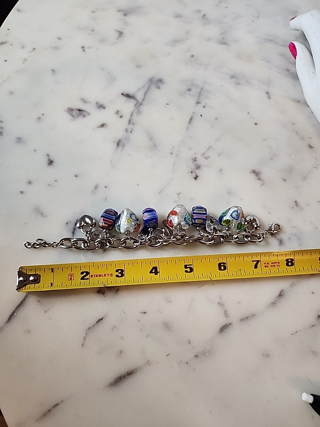 Vintage Murano Glass & Millefiori 8 Heart Charm Bracelet 7-9″ Adjustable