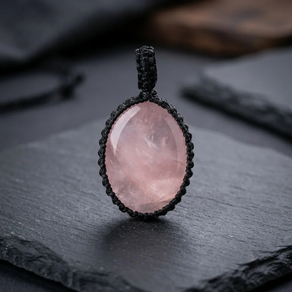 Natural Rose Quartz Macrame Pendant Handmade Boho Gemstone Necklace Jewelry