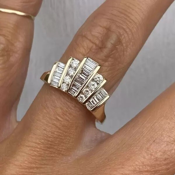 1.60 ctw Created Baguette & Round Cut Diamond V-Shape Band Ring 14k Gold Plated