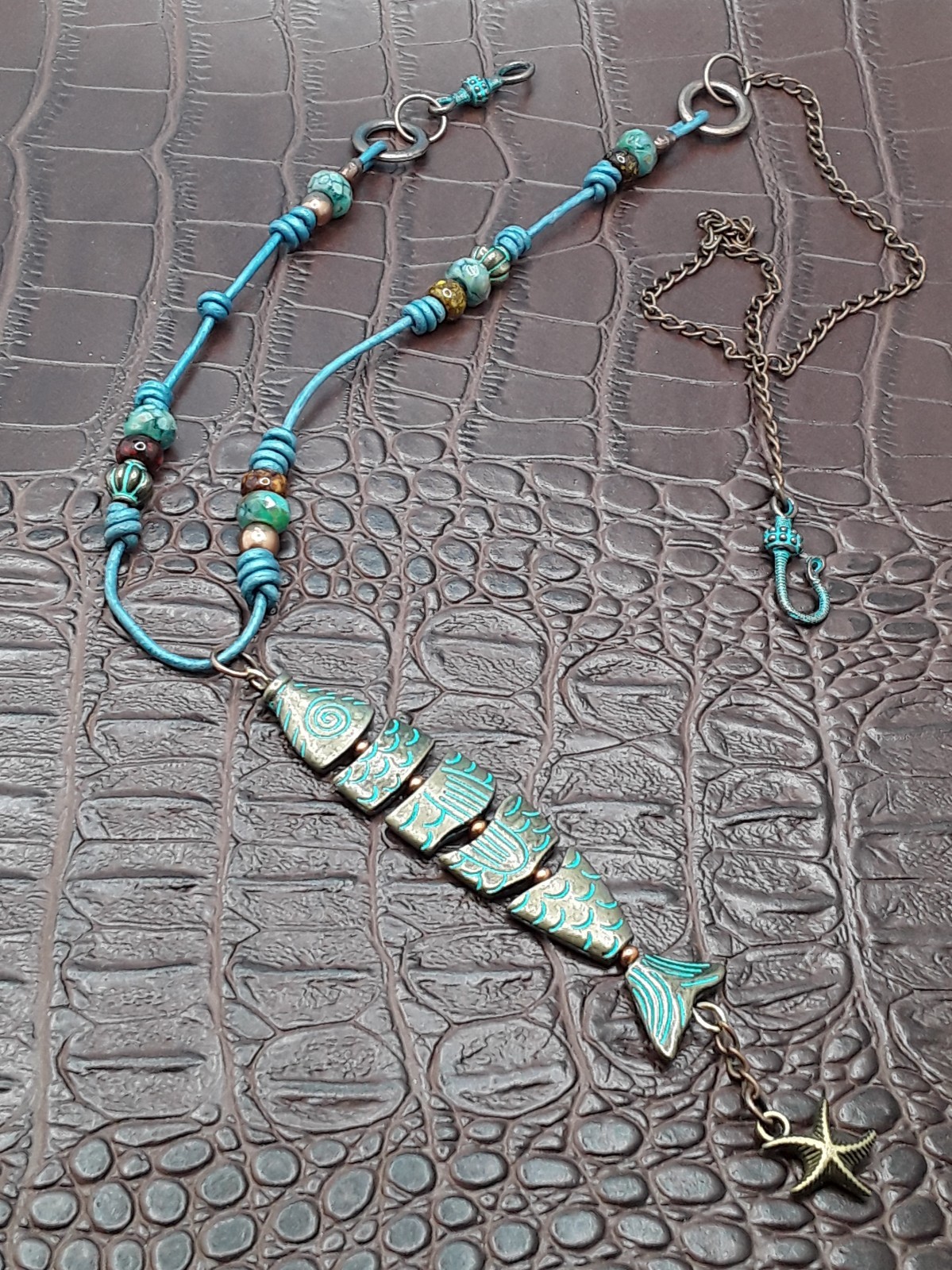 Necklace Unique Patina Segmented Fish Pendant with asst. stones on Leather