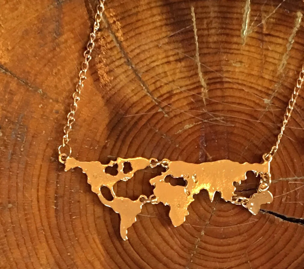 New World Map Necklace Gold Cutout Bar Travel Geography Boho Unique Gift Fest