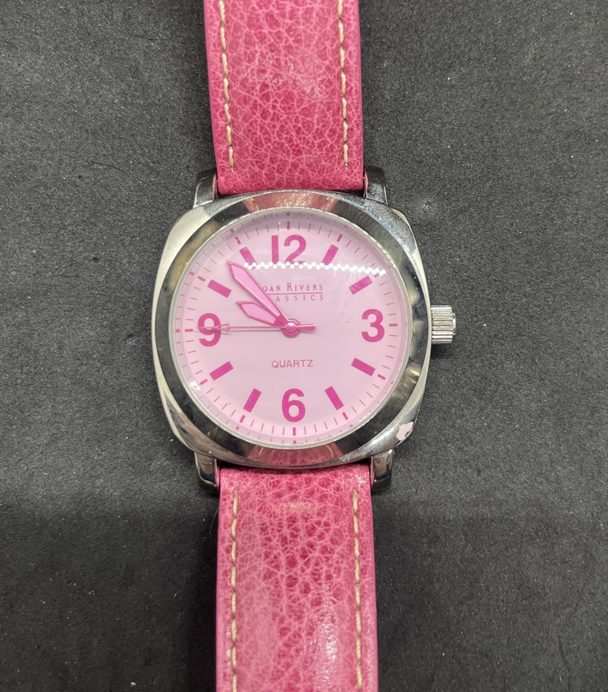 Joan Rivers Classics V377 Womens Silver Tone Pink LeatherBand 40mm Needs Battery