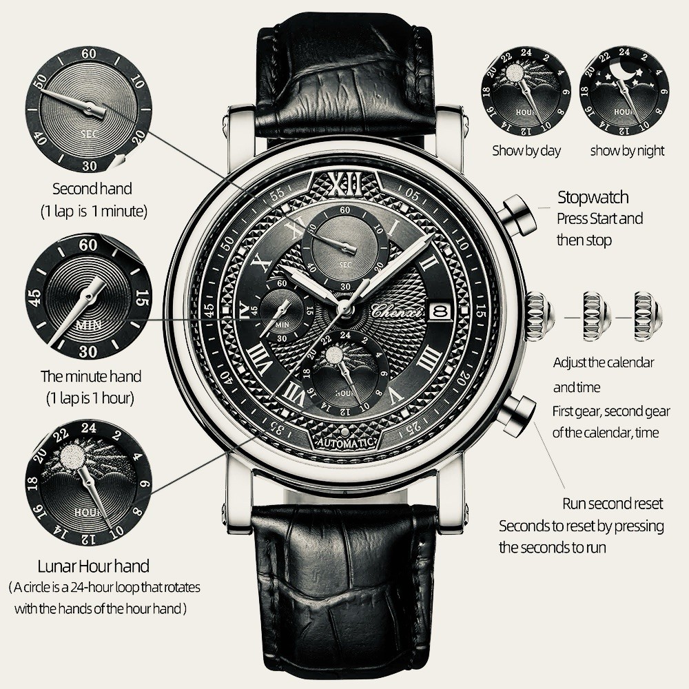 Mens Watch Chenxi Vintage Style Chronograph Moon Phase Cream Face Leather
