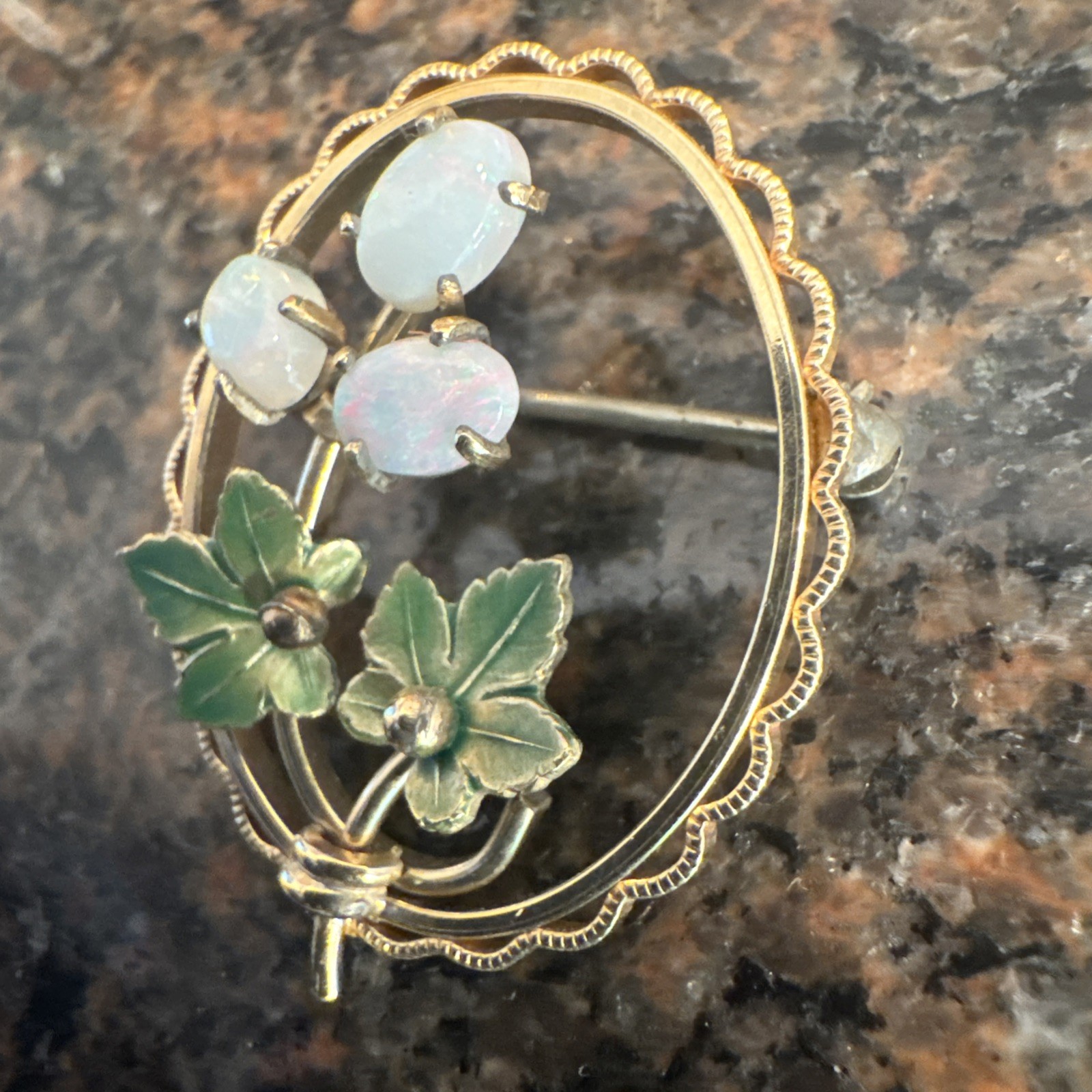 12K 3.3+ Gram Gold Enamel 4 Four Leaf Clover Good Luck Flower Brooch Pearl Pin