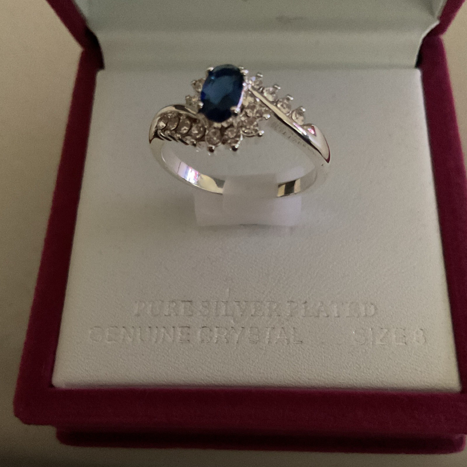 Allure Silver Plated Cocktail Ring Blue Oval Crystal Prong Set Size 8