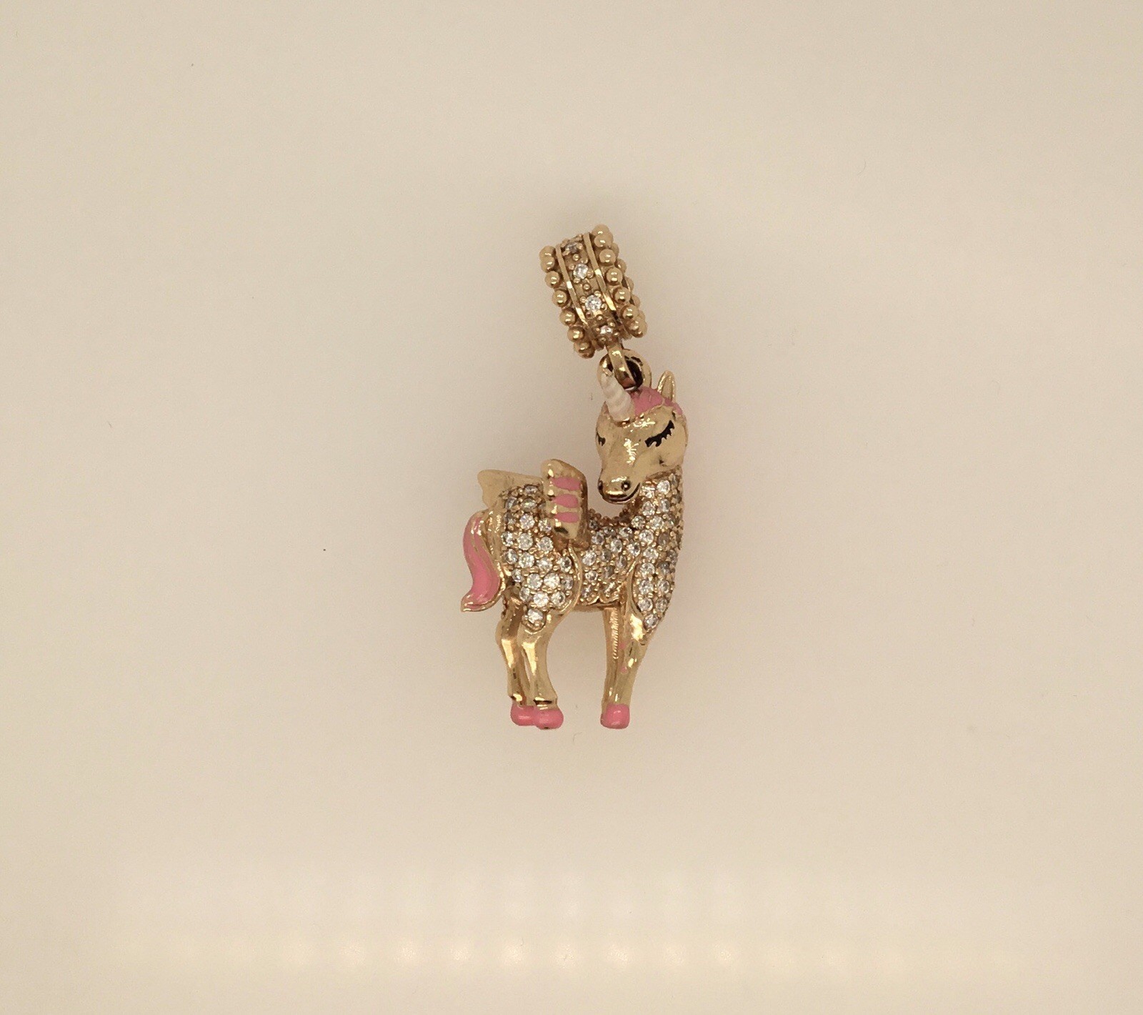 14k yellow gold unicorn charm pendant 17.60 Gm 132 Dia 1.20 Ct Pink Enamel