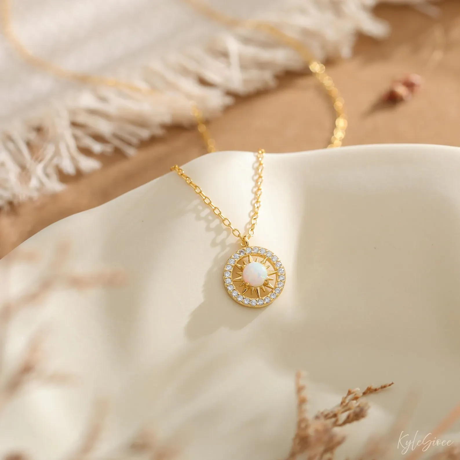 1.20Ct Round Cut White Opal Celestial Sunburst Necklace 14K Yellow Gold Plated