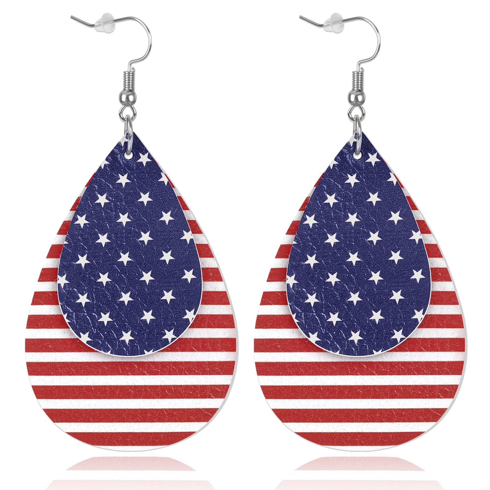 Fullive 4th of July Earrings, Leather Surface Patriotic Earring Stud, Teardrop