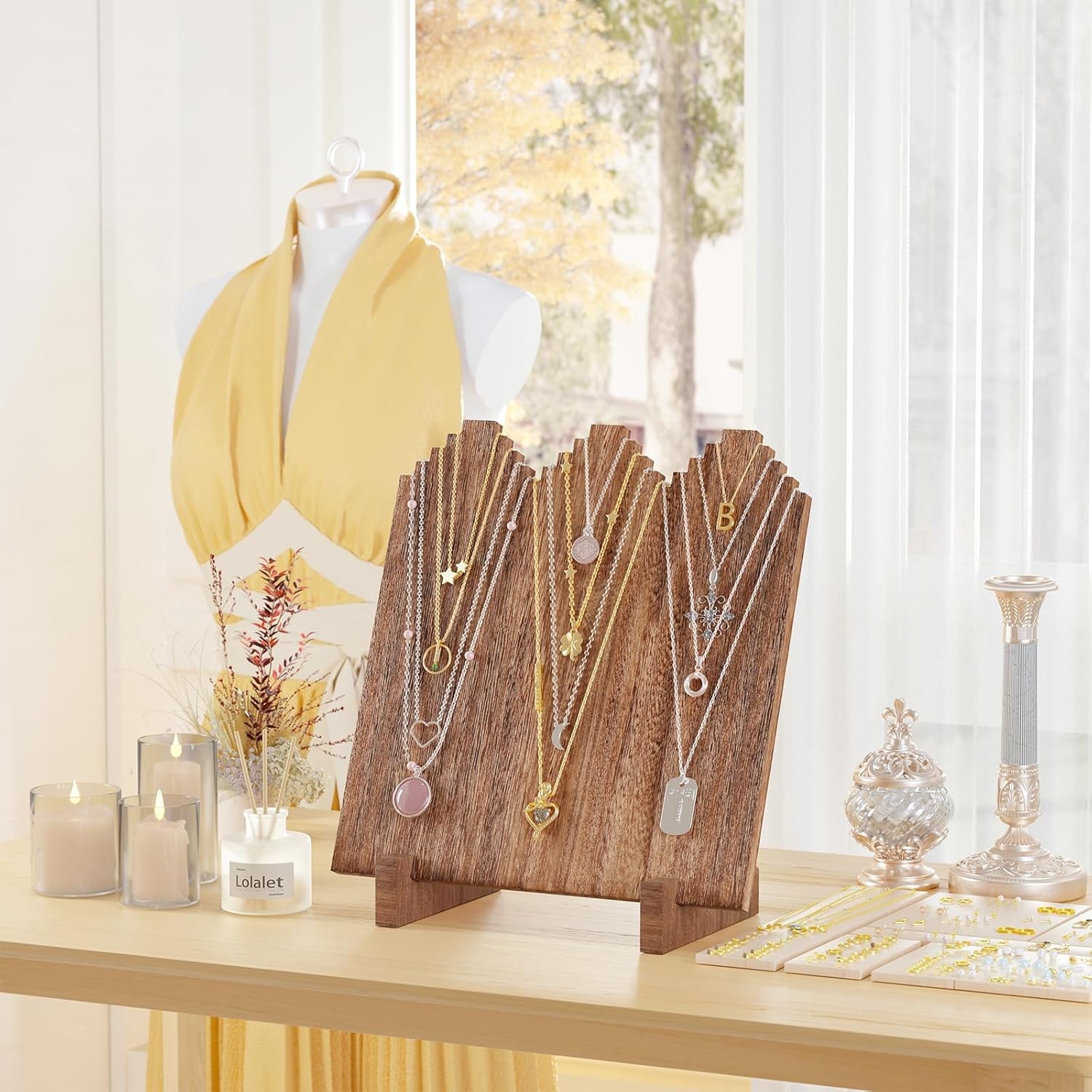 Lolalet Wooden Necklace Display Stands 11.81 x 5.9 x 12.99 inches, Dark Brown