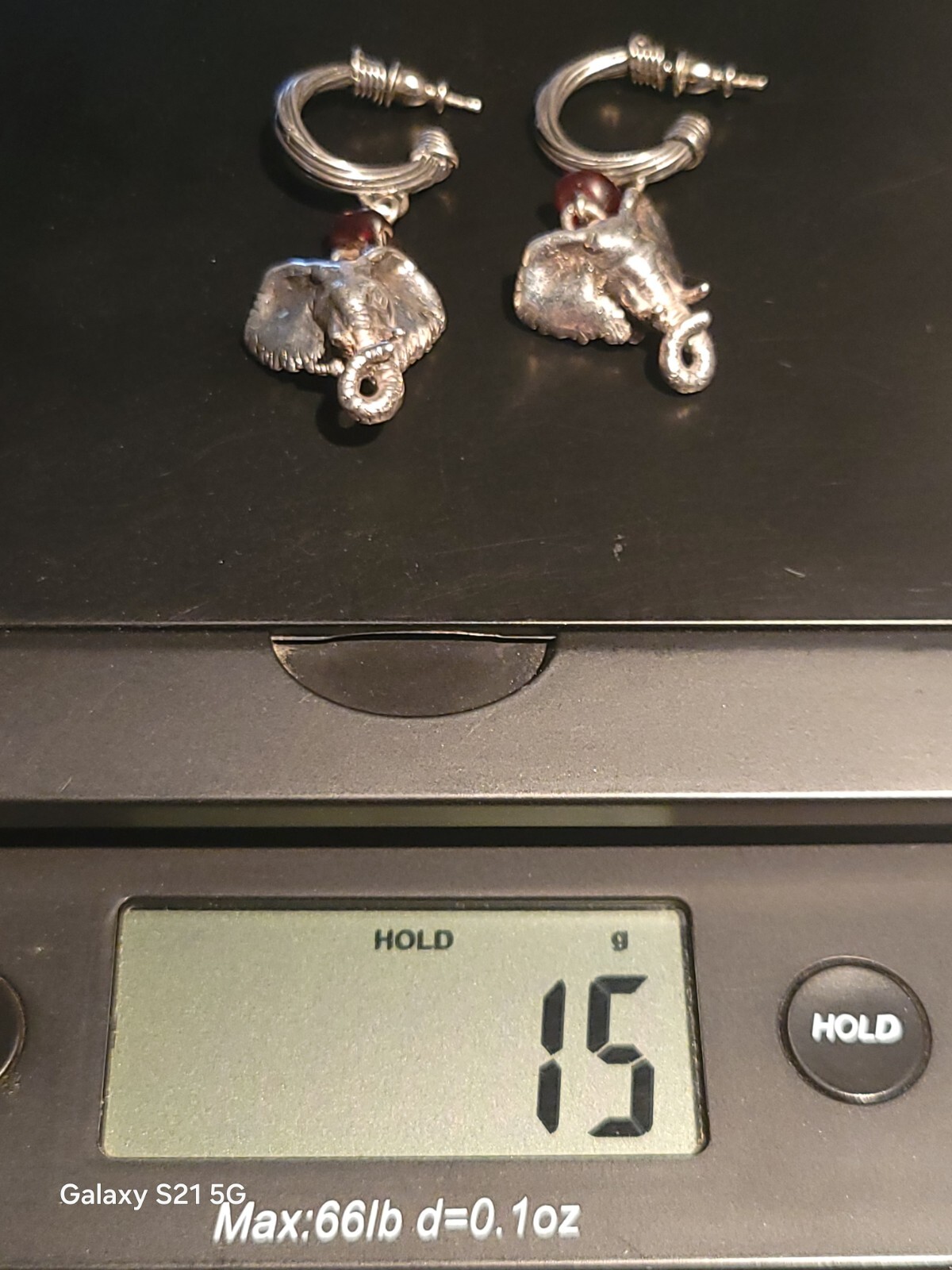 Susan Cummings Elephant Earrings Dangle Sterling Silver & Amber 2″ Long 1990s