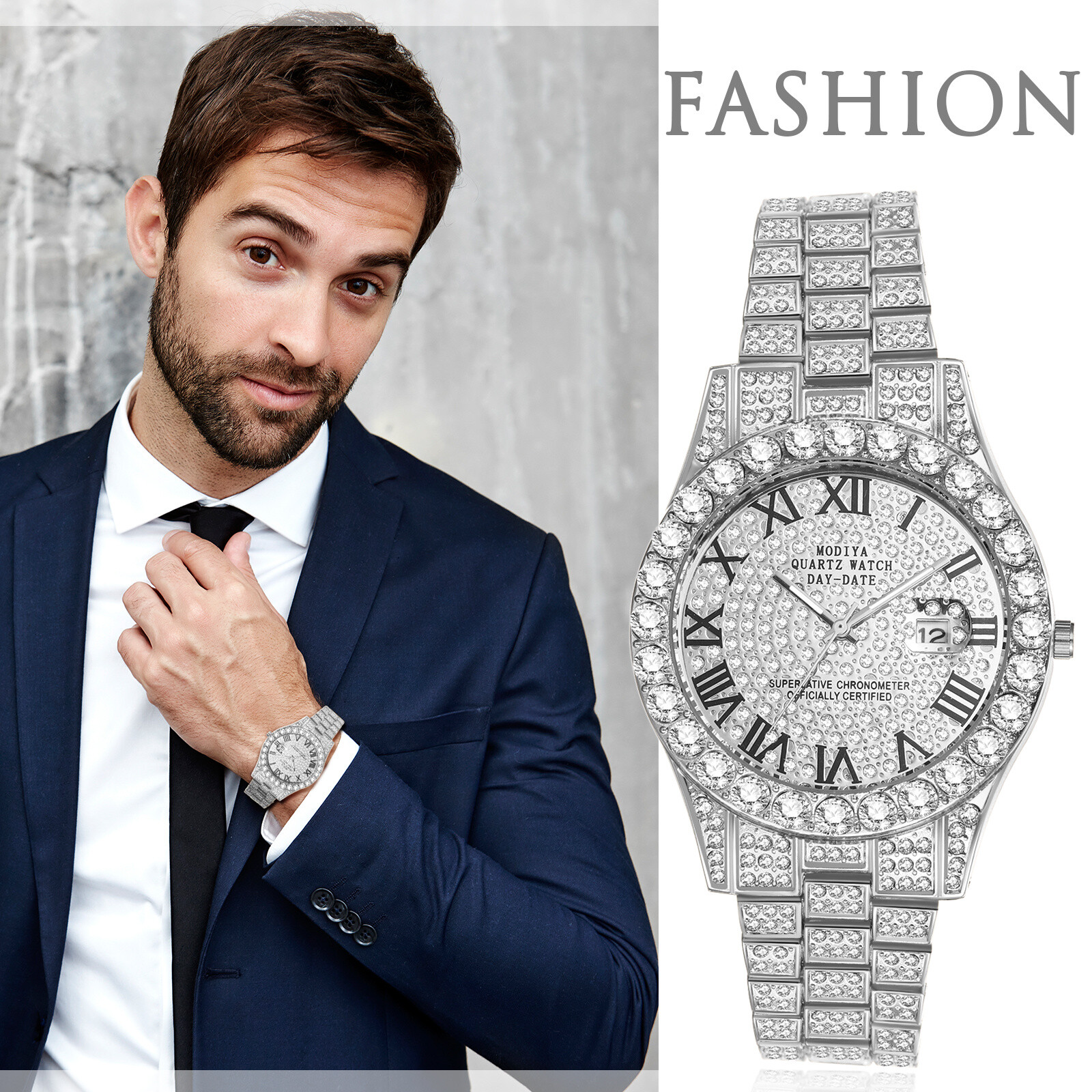 Hip Hop Men CZ Iced Round Stainless Steel Date Quartz Wrist Watch Cuban Bracelet