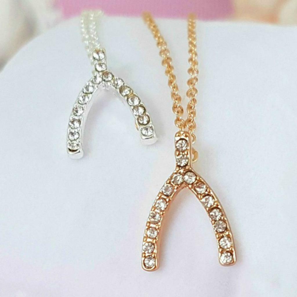 TINY SPARKLING WISHBONE NECKLACE 0.75″ Pendant 17″ Chain Rhinestone Make a Wish