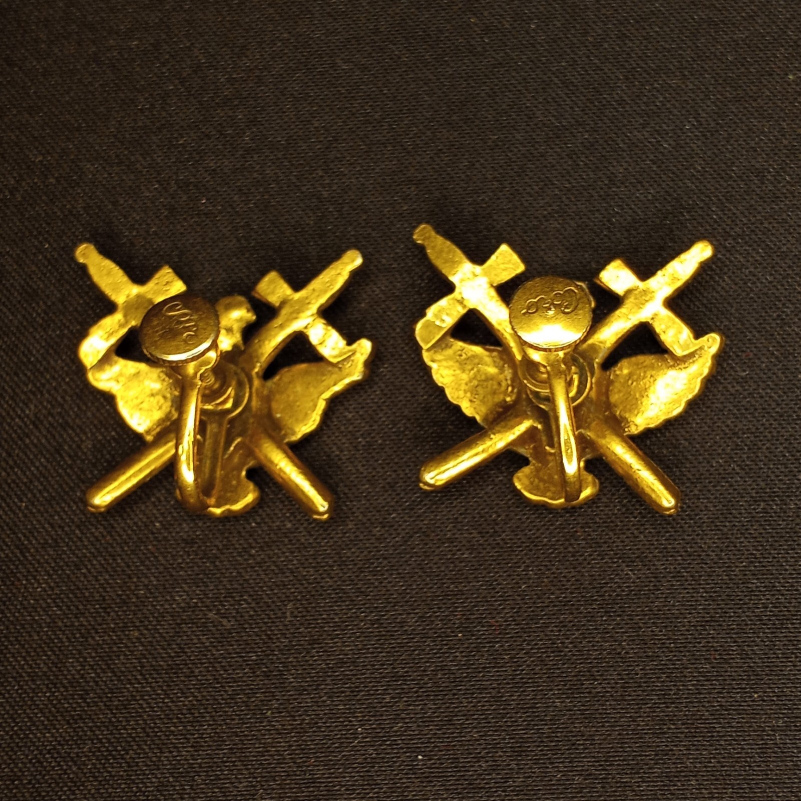 Large Vintage Earrings Sword Shield Crown Eagle Pin Military Style Gold Tone