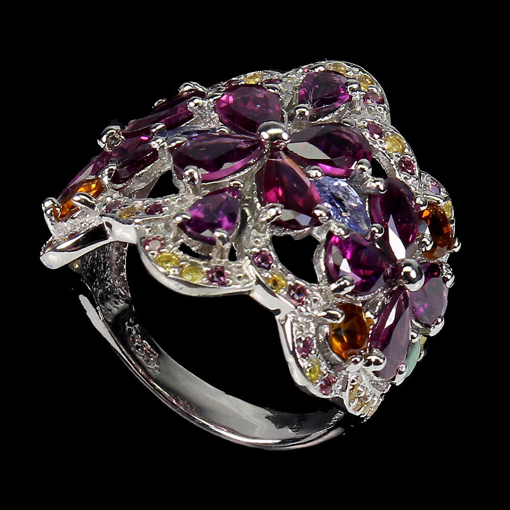 925 Sterling Silver Ring Pear Rhodolite Emerald Natural Gemstone Jewelry Size 9