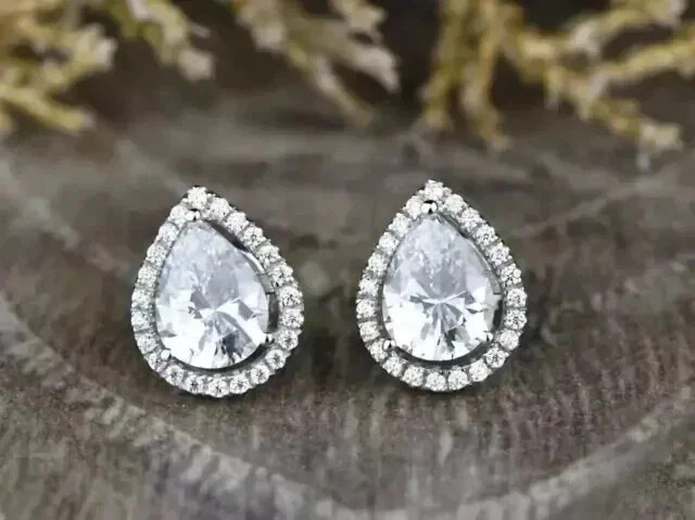 2Ct Pear Cut Lab Created Diamond Womens Stud Earrings 14k White Gold Plated