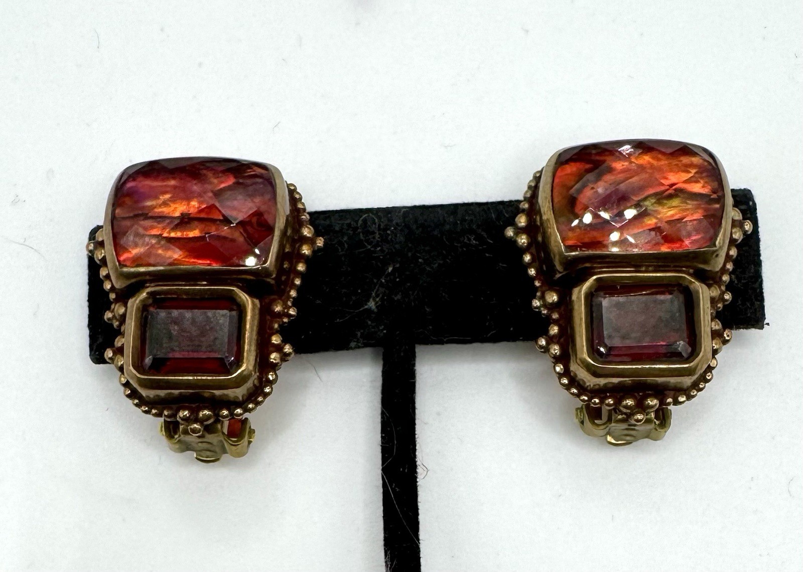 Stephen Dweck Red Abalone/garnet Earrings Clip on Bubble Edges 925 Bronze Tone