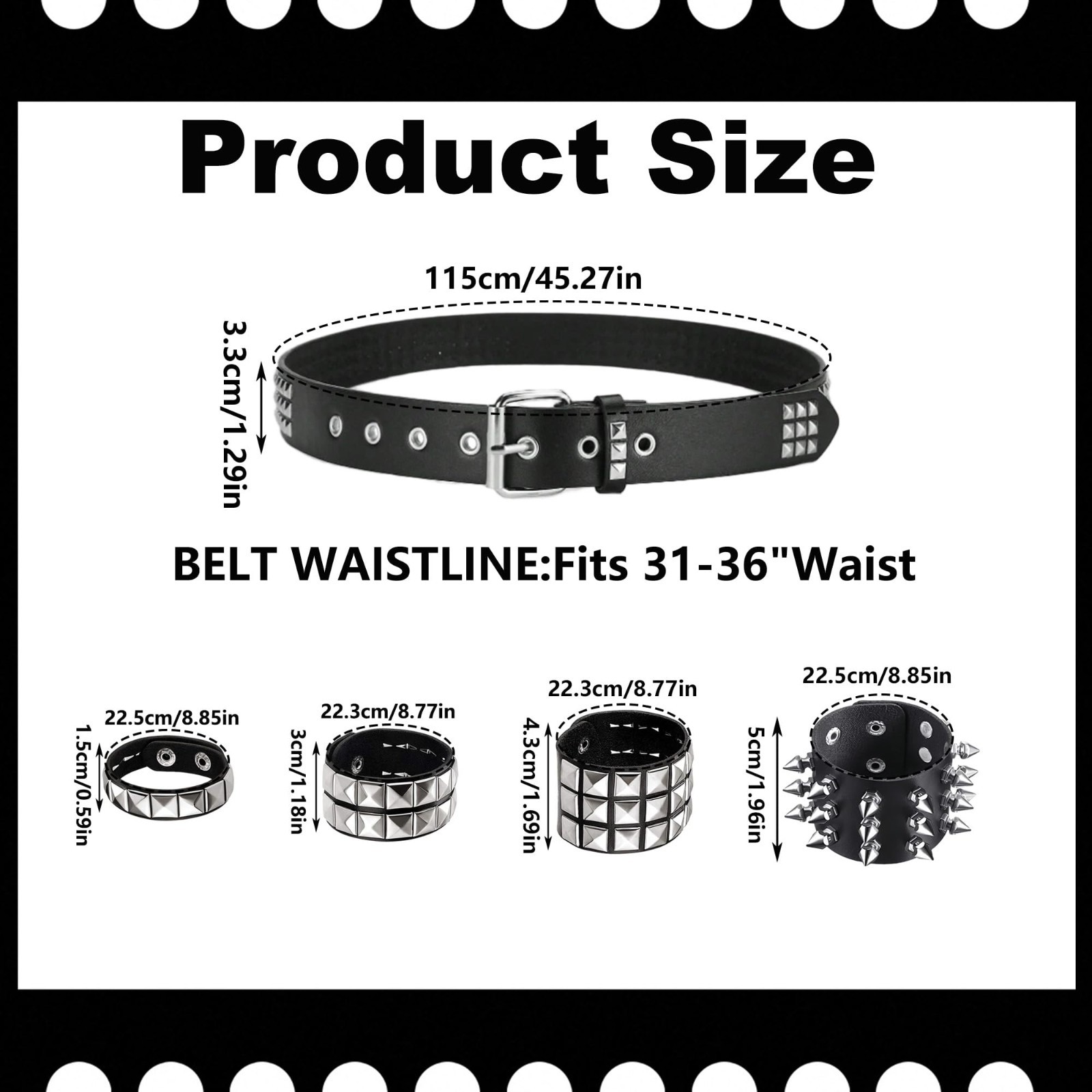 Black Studded Belt & Punk Bracelets Set – Emo Spiked Cuffs, Goth Accessories for