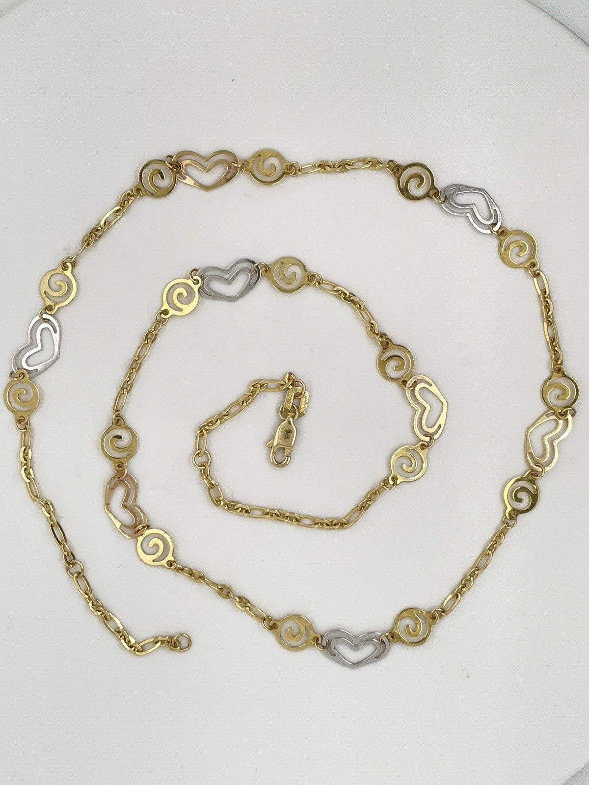 14k Yellow & White Gold Heart Motif Chain Necklace 19 3/8″ – 5.4 Grams