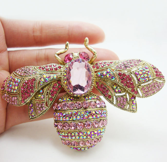 New Beautiful Pink Bee Insect Rhinestone Crystal Gold-tone Brooch Pin Pendant