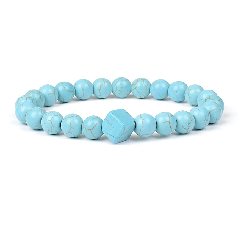 Natural Blue Turquoise Cube & Cylindrical Beads Bracelet Elastic Cord Unisex