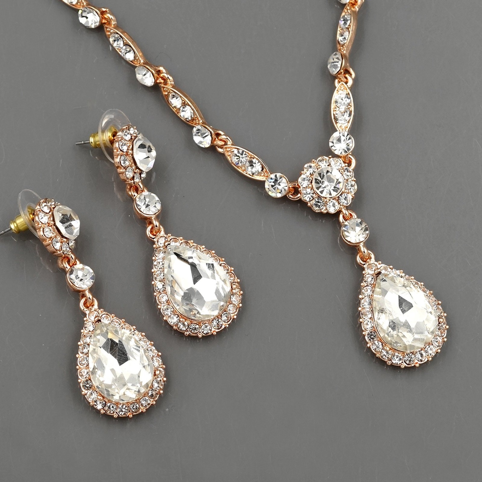 ROSE GOLD Plated Clear Crystal Necklace Pendant Earrings Wedding Jewelry Set 496